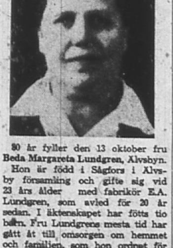 Lundgren Beda Margareta 80 år Älvsbyn 13 okt 1965 NK