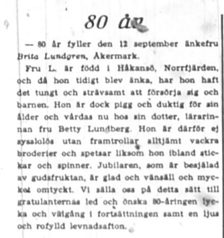 Lundgren Britta Åkermark 80 år 12 Sept 1945 NK