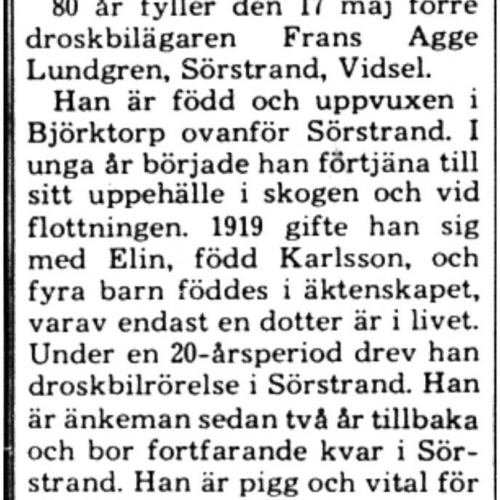 Lundgren Frans Agge Sörstrand 80 år 16 Maj 1975 PT