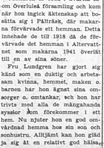 Lundgren Hulda Maria Altervattnet 80 år 10 Aug 1957 PT