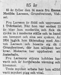 Larsson Emma Matilda Grundvattnet 85 år 14 Mars 1964 NK