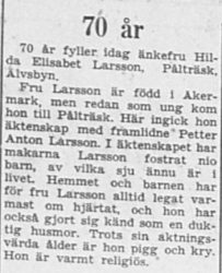 Larsson Hilda Elisabeth Pålträsk 70 år 19 Jan 1957 PT