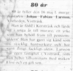 Larsson Johan Fabian Vistträsk 80 år 16 Maj 1972 NK