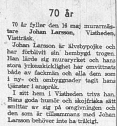 Larsson Johan Vistheden 70 år 16 Maj 1962 NK