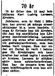 Larsson Karl Ludvig Älvsbyn 70 år 12 Maj 1953 NK