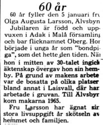 Larsson Olga Augusta Älvsbyn 60 år 4 Jan 1975 PT