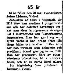 Lidman Johan Vidsel 65 år 27 Maj 1958 NK