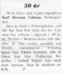 Lidman Karl Herman Petbergsliden 50 år 3 Juni 1972 NK