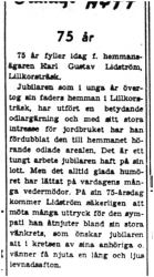 Lidström Karl Gustav Lillkorsträsk 75 år 18  Aug 1949 PT