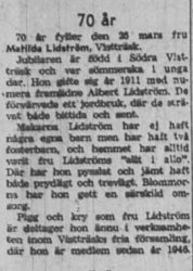 Lidström Matilda Vistträsk 70 år 24 Mars 1958 NK
