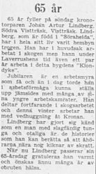 Lindberg Johan Artur Södra Vistträsk 65 år 19 Jan 1957 PT