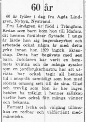 Lindgren Agda Nybyn Nystrand 60 år 16 feb 1965 PT