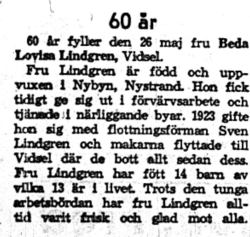 Lindgren Beda Lovisa Vidsel 60 år 26  Maj 1959 NK
