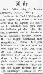 Lindgren Linnea Nybyn 50 år 30 Juni 1956 PT