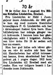 Lindström Hilma Kristina Bredsel 70 år 2 Aug 1958 NK