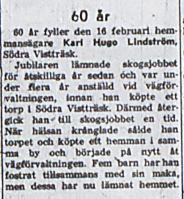 Lindström Karl Hugo 60 år 16 feb 1957 nk
