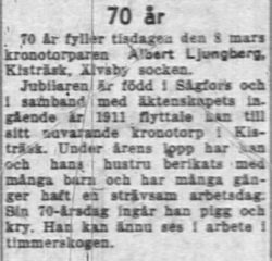 Ljungberg Albert Kisträsk 70 år 8 Mars 1955 NK