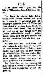 Lund Ida Maria Vilhelmina Sävdal Vidsel 75 år 3 Juni 1958 NK