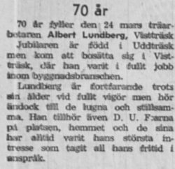Lundberg Albert Vistträsk 70 år 22 Mars 1958 NK