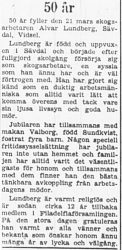 Lundberg Alvar Sävdal Vidsel 50 år 20 Mars 1965 PT