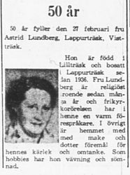 Lundberg Astrid Lappurträsk 50 år 27 feb 1965 PT