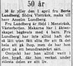 Lundberg Berta Södra Vistträsk 50 år 1 April 1949 NK