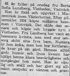 Lundberg Berta Sofia Vistheden 65 år 1 April 1964 NSD