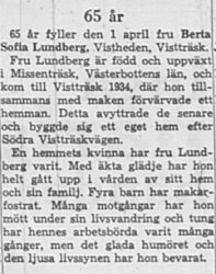 Lundberg Berta Sofia Vistheden 65 år 31 Mars 1964 NK