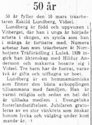 Lundberg Eskil Vidsel 50 år 9 Mars 1965 PT