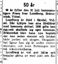 Lundberg Frans Ivar Brännträsk Vidsel 50 år 21  Juli 1958 Nk