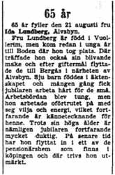 Lundberg Ida Älvsbyn 65 år 19  Aug 1954 NK