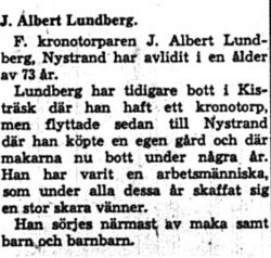 Lundberg J. Albert Nystrand Död 12  Aug 1958 NK
