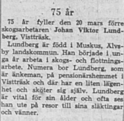 Lundberg Johan Wiktor Vistträsk 75 år 20 Mars 1964 NK