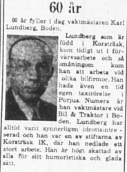 Lundberg Karl fd Korsträsk 60 år 16 Mars 1965 PT