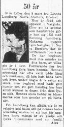 Lundberg Linnea Norra Storfors Bredsel 50 år 6 Mars 1965 PT