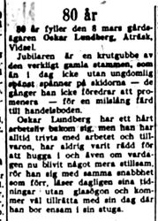 Lundberg Oskar Åträsk Vidsel 80 år 7 mars 1952 NK