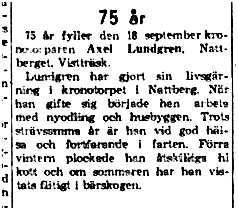 Lundgren Axel Nattberg 75 år 18 sept 1961 NK