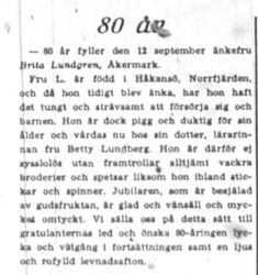 Lundgren Britta Åkermark 80 år 12 Sept 1945 NK