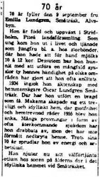 Lundgren Emilia Småträsk 70 år 9 sept 1961 NK
