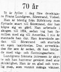 Lundgren Frans Sörstrand 70 år 17 Maj 1965 PT