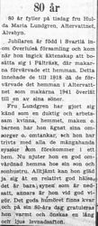 Lundgren Hulda Maria Altervattnet 80 år 10 Aug 1957 PT