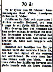 Lundgren Karl Viktor Vidsel 70 år 20 feb 1957 NK