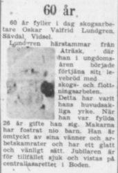Lundgren Oskar Valfrid Sävdal 60 år 10 Okt 1957 PT