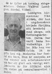 Lundgren Oskar Valfrid Sävdal Vidsel 60 år 9 Okt 1957 NSD