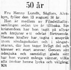 Lundh Henny Sågfors 50 år 12 Aug 1965 PT