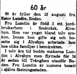 Lundin Ester fd Småträsk 60 år 13  Aug 1958 NK