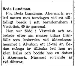Lundman Beda Åkermark död 16  Maj 1959 NK