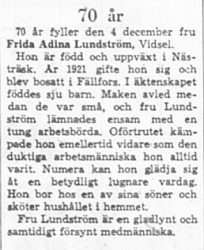 Lundström Frida Adina Vidsel 70 år 3 Dec 1966 NK