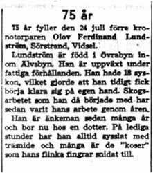 Lundström Olov Ferdinand Sörstrand 75 år 24 Juli 1958 nk