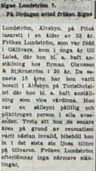 Lundström Signe Älvsbyn död 30 juni 1953 PT